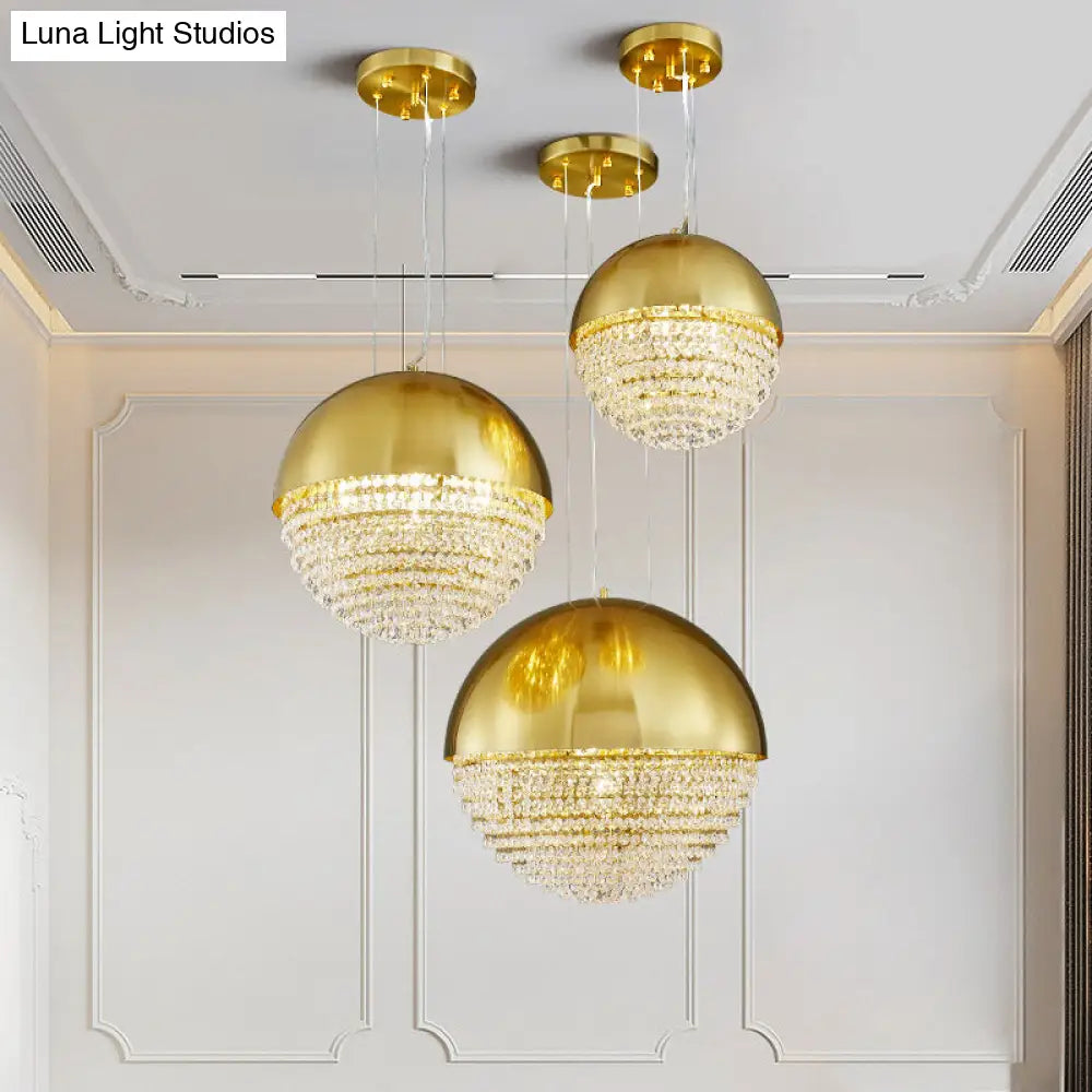 Modern Gold Dome Led Pendant Light With Beveled Crystal Suspension For Dining Room