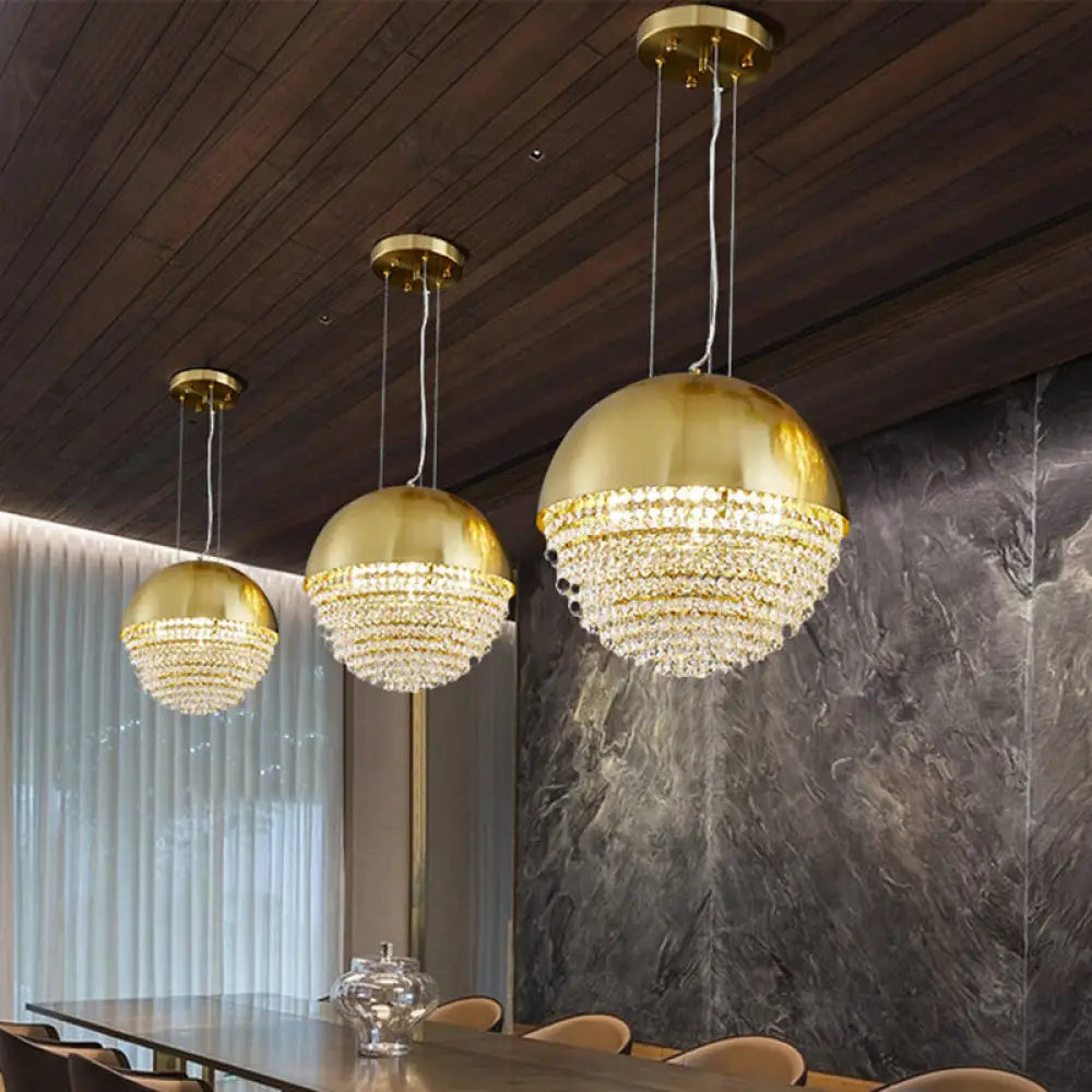 Modern Gold Dome Led Pendant Light With Beveled Crystal Suspension For Dining Room