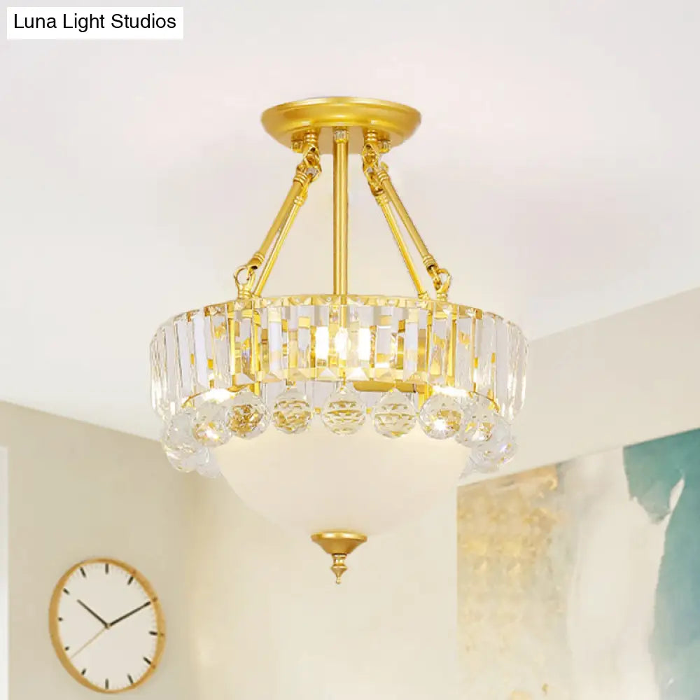 Modern Gold Dome Semi Flush Chandelier With 3 Frosted Glass Heads And Crystal Ball Decoration
