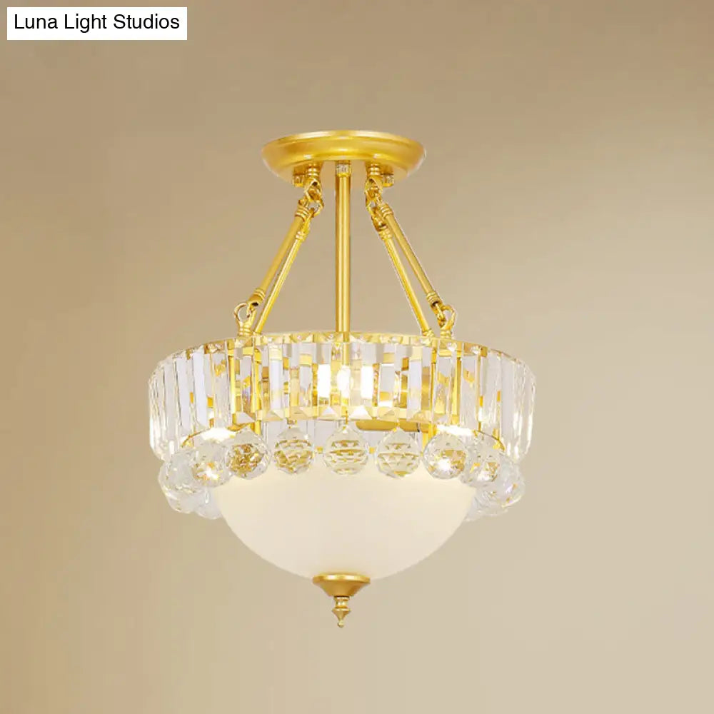 Modern Gold Dome Semi Flush Chandelier With 3 Frosted Glass Heads And Crystal Ball Decoration