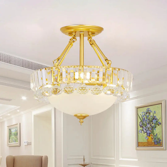 Modern Gold Dome Semi Flush Chandelier With 3 Frosted Glass Heads And Crystal Ball Decoration