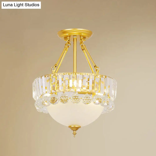 Modern Gold Dome Semi Flush Chandelier With 3 Frosted Glass Heads And Crystal Ball Decoration