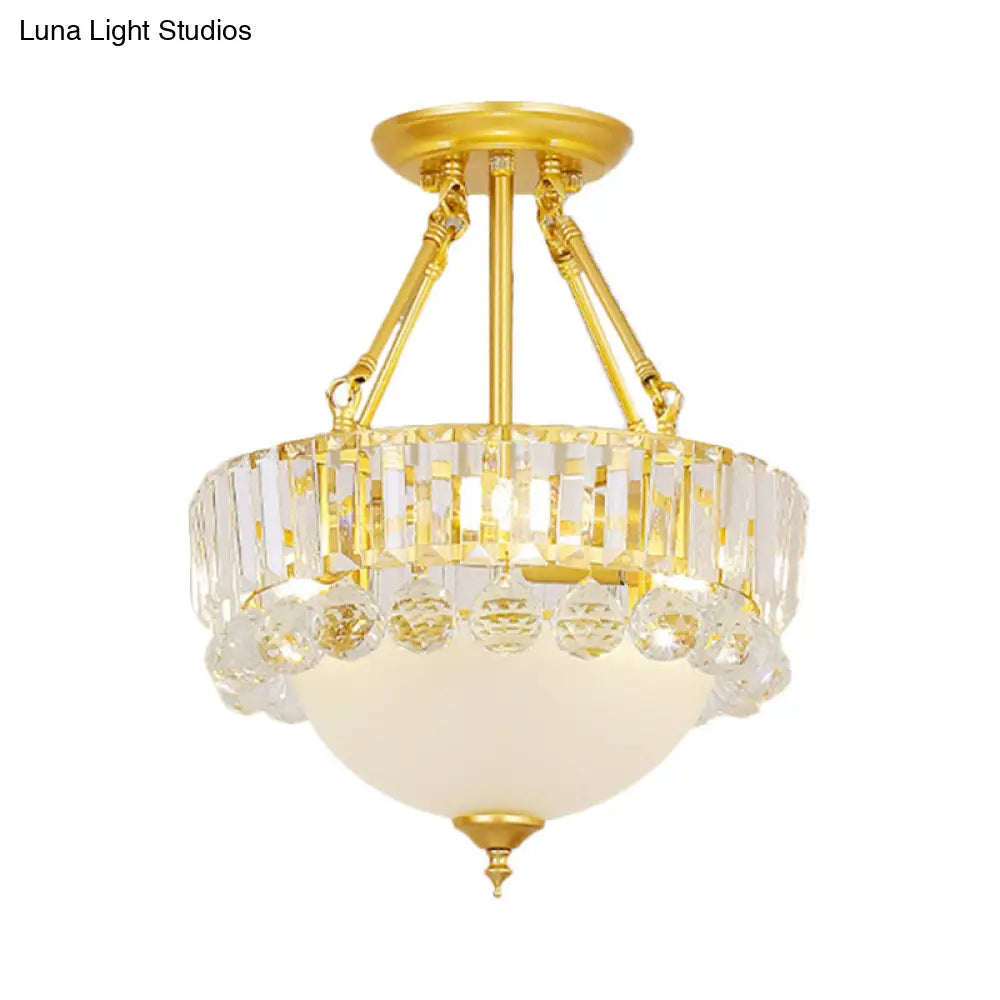 Modern Gold Dome Semi Flush Chandelier With 3 Frosted Glass Heads And Crystal Ball Decoration