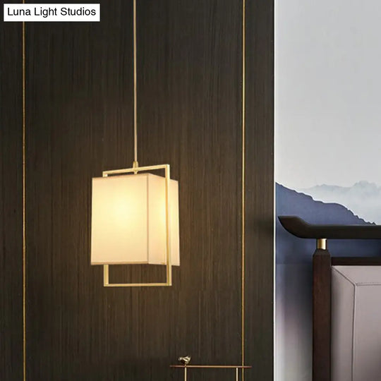 Modern Gold Drop Pendant With Rectangular Fabric Shade - Bedroom Hanging Light