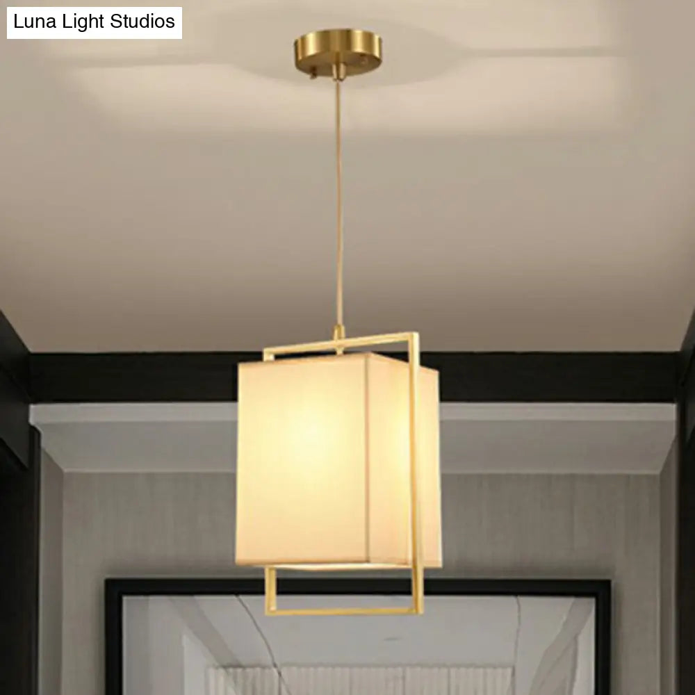 Modern Gold Drop Pendant With Rectangular Fabric Shade - Bedroom Hanging Light