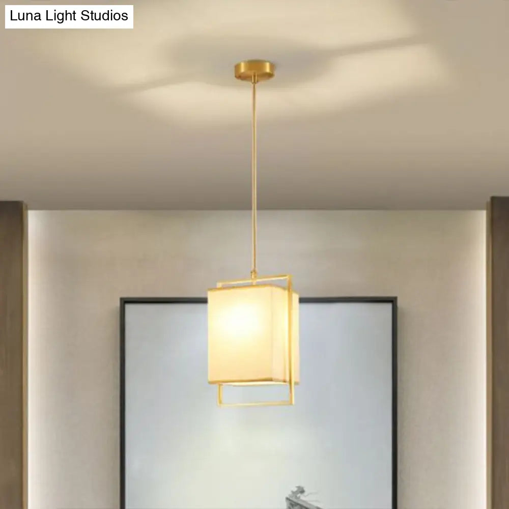 Modern Gold Drop Pendant With Rectangular Fabric Shade - Bedroom Hanging Light