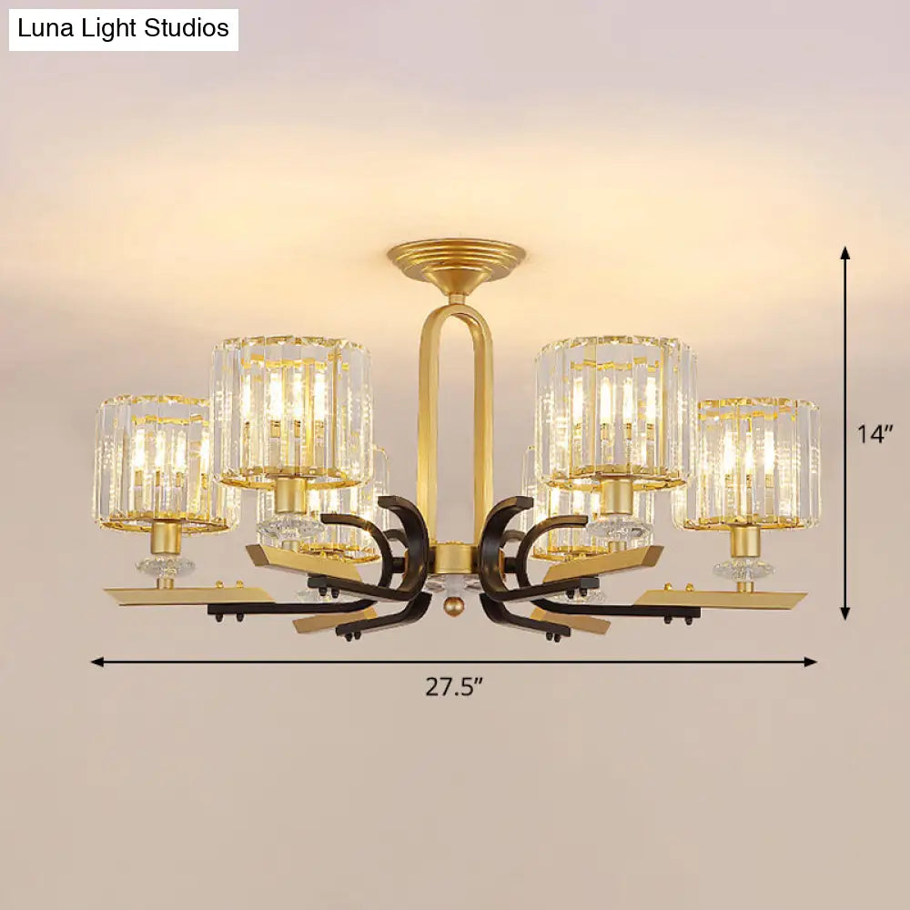 Modern Gold Drum Ceiling Lamp - Prismatic Crystal Semi Flush Mount Chandelier (3/6 Bulbs)