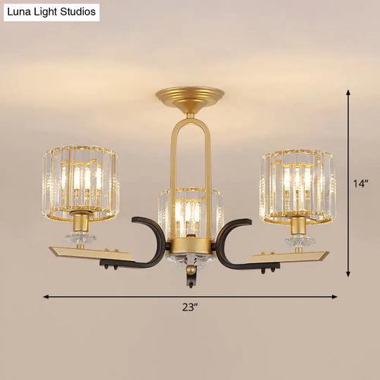 Modern Gold Drum Ceiling Lamp - Prismatic Crystal Semi Flush Mount Chandelier (3/6 Bulbs)