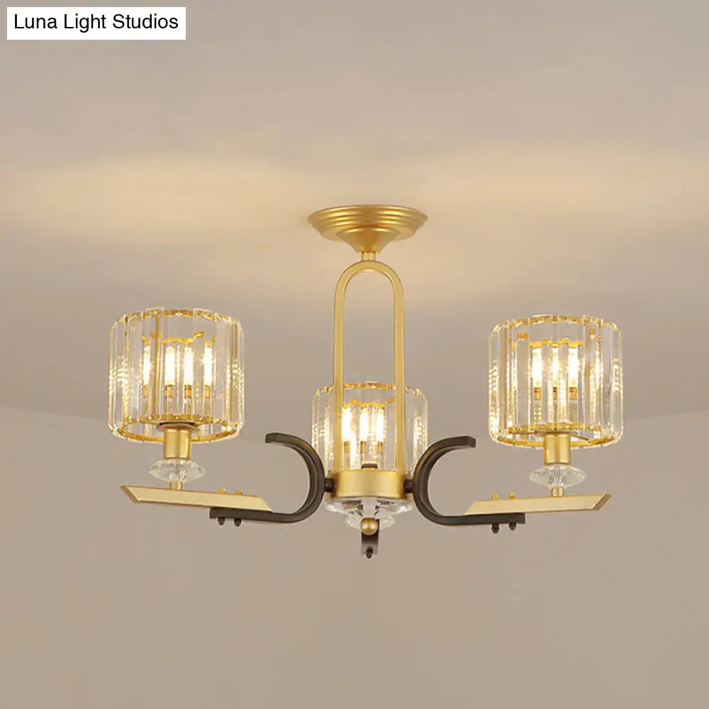 Modern Gold Drum Ceiling Lamp - Prismatic Crystal Semi Flush Mount Chandelier (3/6 Bulbs) 3 /