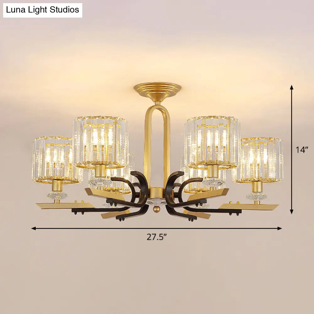 Modern Gold Drum Ceiling Lamp - Prismatic Crystal Semi Flush Mount Chandelier (3/6 Bulbs)