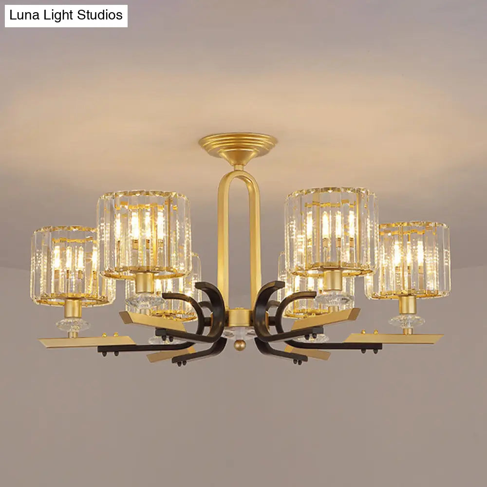 Modern Gold Drum Ceiling Lamp - Prismatic Crystal Semi Flush Mount Chandelier (3/6 Bulbs)
