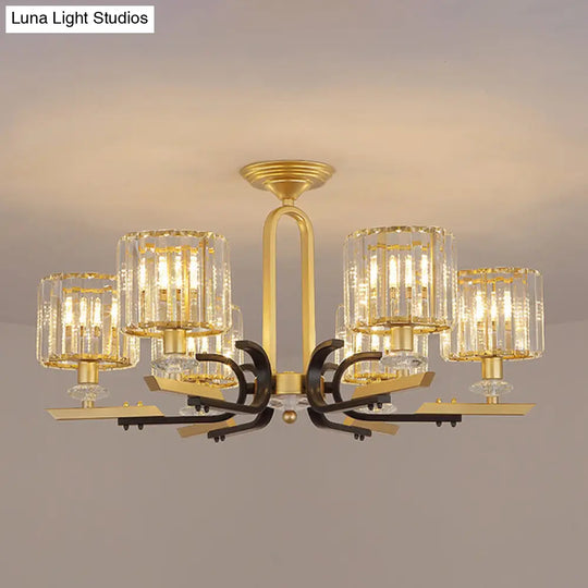 Modern Gold Drum Ceiling Lamp - Prismatic Crystal Semi Flush Mount Chandelier (3/6 Bulbs)