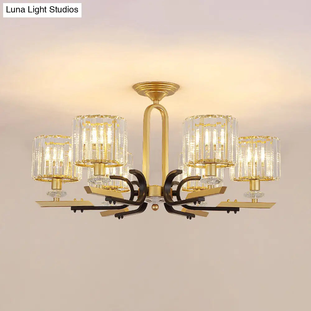 Modern Gold Drum Ceiling Lamp - Prismatic Crystal Semi Flush Mount Chandelier (3/6 Bulbs)