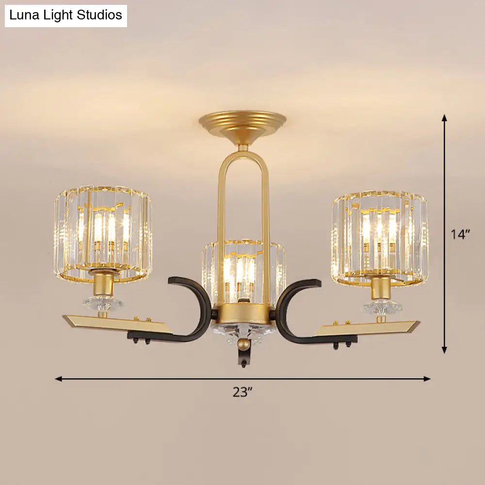 Modern Gold Drum Ceiling Lamp - Prismatic Crystal Semi Flush Mount Chandelier (3/6 Bulbs)