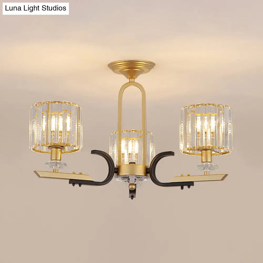 Modern Gold Drum Ceiling Lamp - Prismatic Crystal Semi Flush Mount Chandelier (3/6 Bulbs)