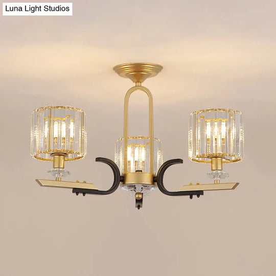 Modern Gold Drum Ceiling Lamp - Prismatic Crystal Semi Flush Mount Chandelier (3/6 Bulbs)