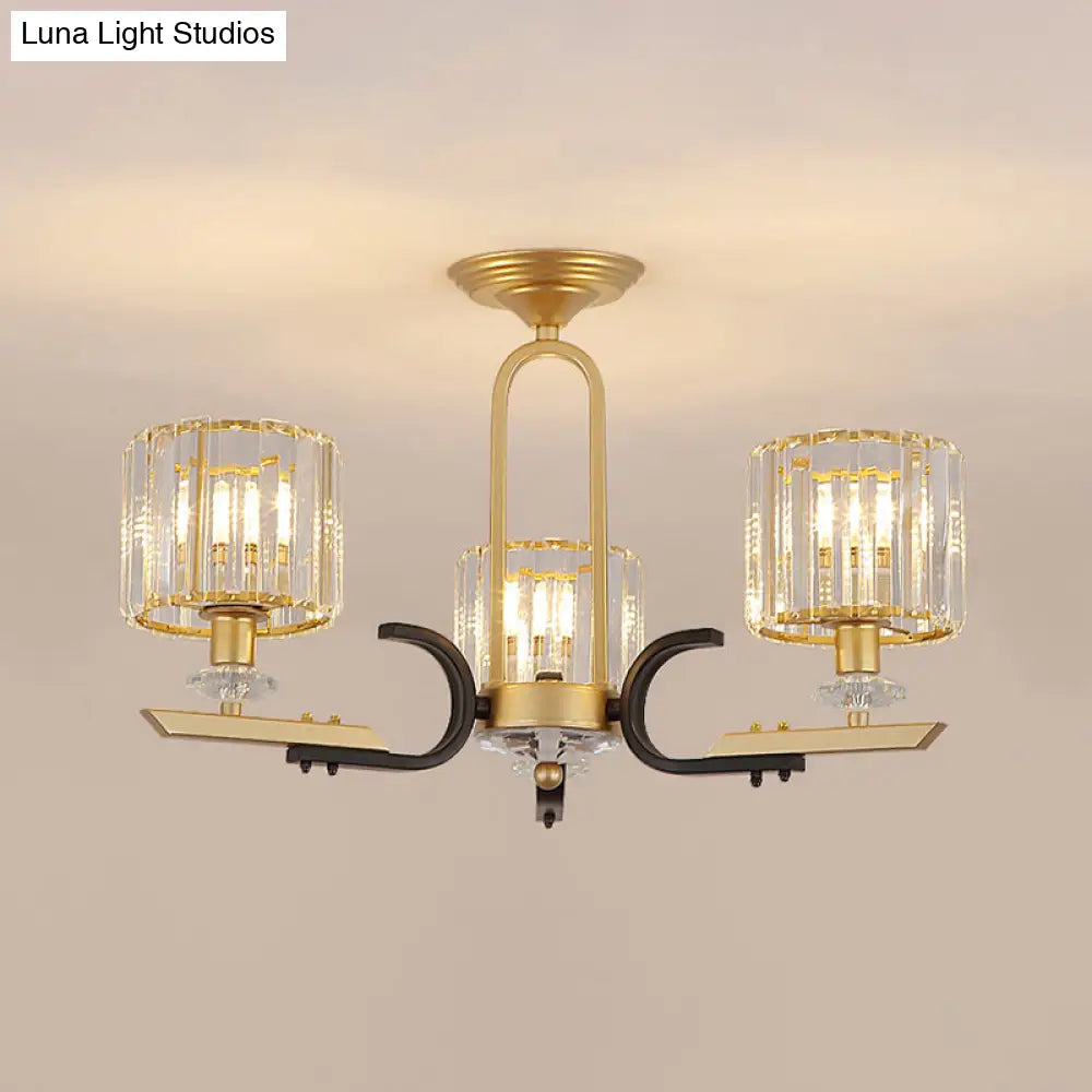 Modern Gold Drum Ceiling Lamp - Prismatic Crystal Semi Flush Mount Chandelier (3/6 Bulbs)