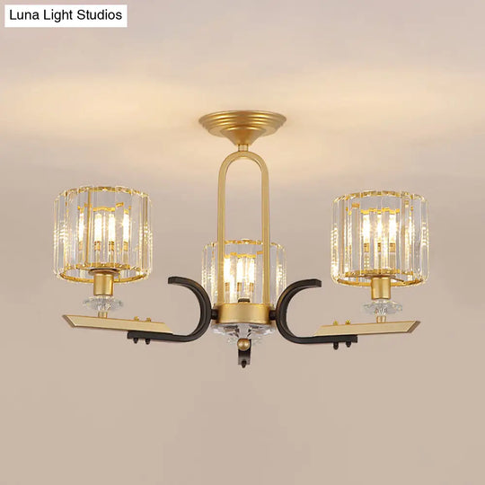 Modern Gold Drum Ceiling Lamp - Prismatic Crystal Semi Flush Mount Chandelier (3/6 Bulbs)