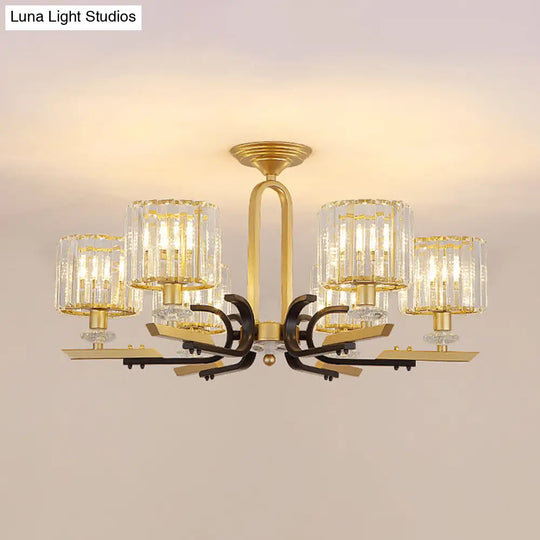 Modern Gold Drum Ceiling Lamp - Prismatic Crystal Semi Flush Mount Chandelier (3/6 Bulbs)