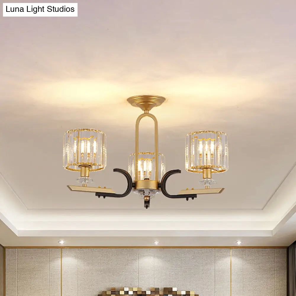 Modern Gold Drum Ceiling Lamp - Prismatic Crystal Semi Flush Mount Chandelier (3/6 Bulbs)