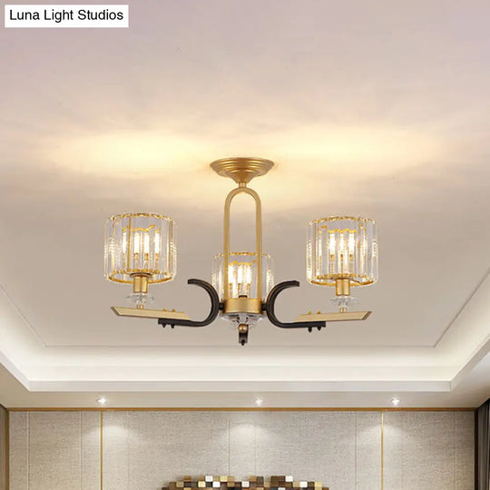 Modern Gold Drum Ceiling Lamp - Prismatic Crystal Semi Flush Mount Chandelier (3/6 Bulbs)