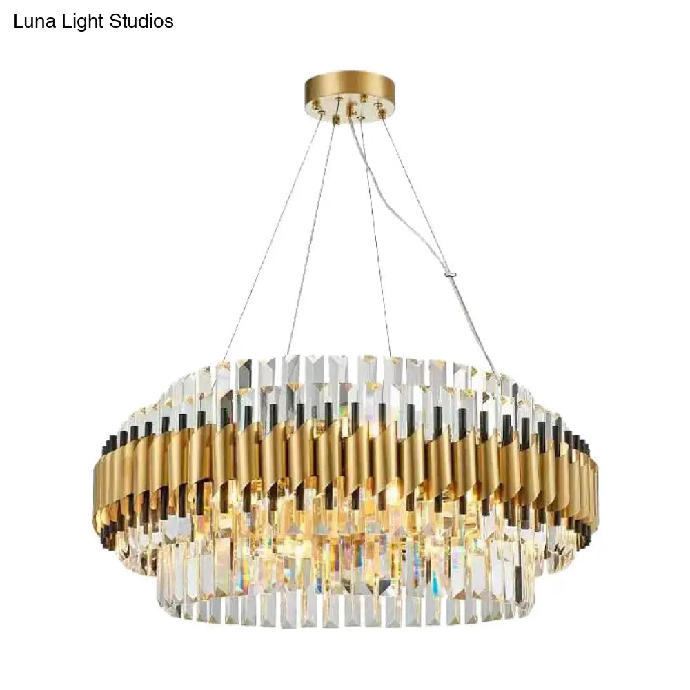 Modern Gold Drum Chandelier With 12 Crystal Rods - Ceiling Pendant Light