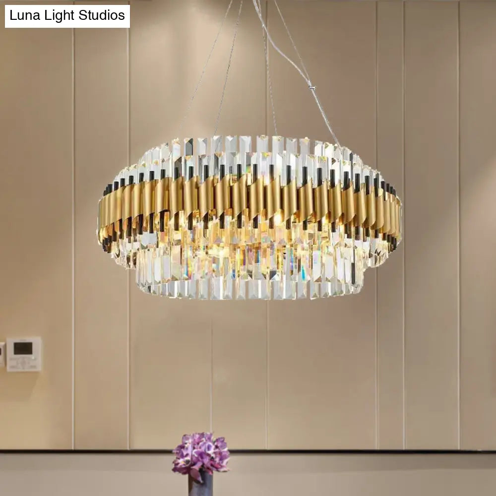 Modern Gold Drum Chandelier With 12 Crystal Rods - Ceiling Pendant Light