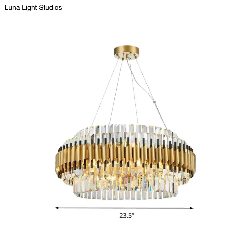 Modern Gold Drum Chandelier With 12 Crystal Rods - Ceiling Pendant Light