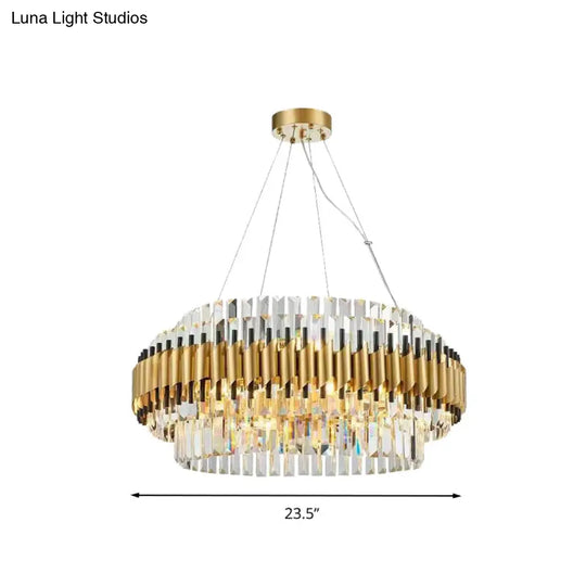 Modern Gold Drum Chandelier With 12 Crystal Rods - Ceiling Pendant Light