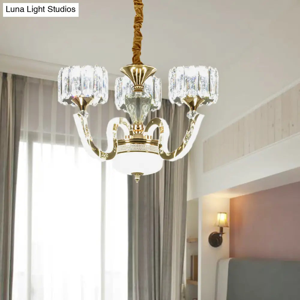 Modern Gold Drum Chandelier With Crystal Blocks - 3/5 Lights Led For Living Room