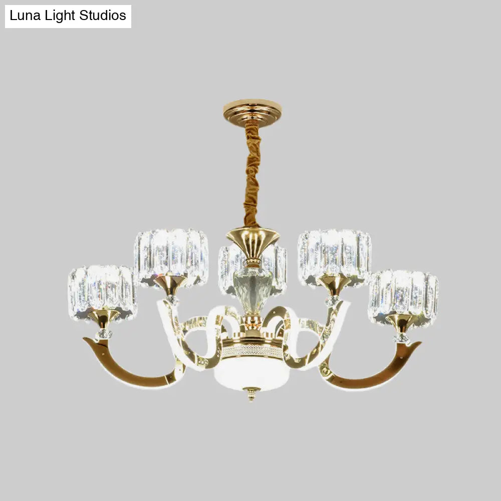 Modern Gold Drum Chandelier With Crystal Block Design - Led Ceiling Lamp For Living Room