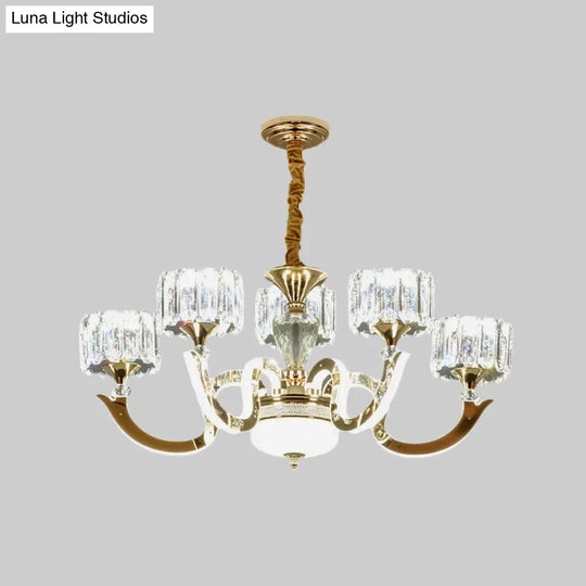 Modern Gold Drum Chandelier With Crystal Block Design - Led Ceiling Lamp For Living Room