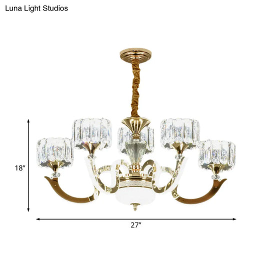 Modern Gold Drum Chandelier With Crystal Blocks - 3/5 Lights Led For Living Room