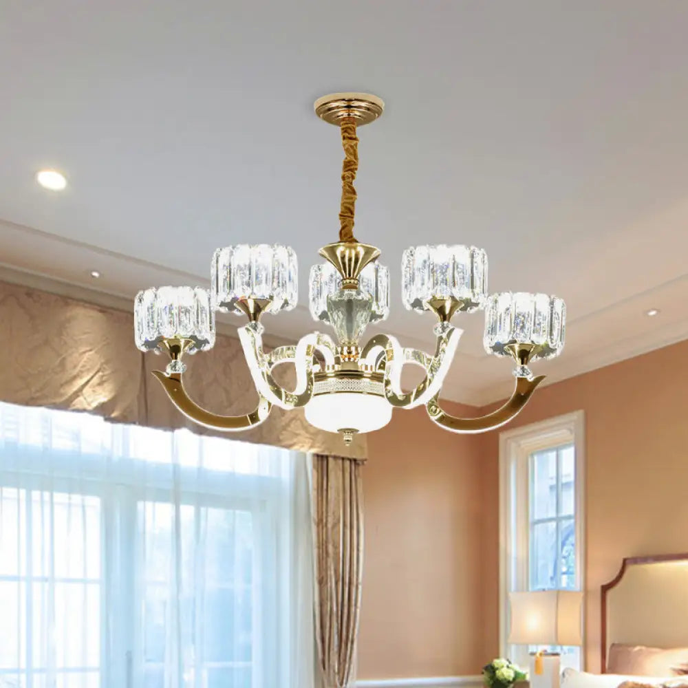 Modern Gold Drum Chandelier With Crystal Blocks - 3/5 Lights Led For Living Room 5 /