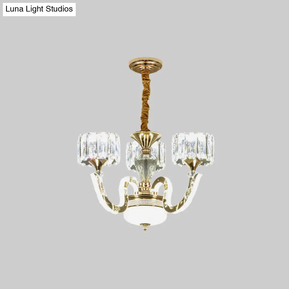 Modern Gold Drum Chandelier With Crystal Block Design - Led Ceiling Lamp For Living Room