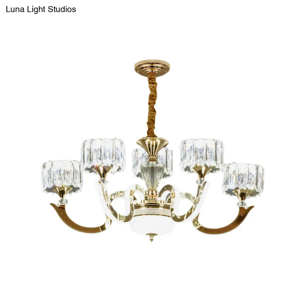 Modern Gold Drum Chandelier With Crystal Blocks - 3/5 Lights Led For Living Room