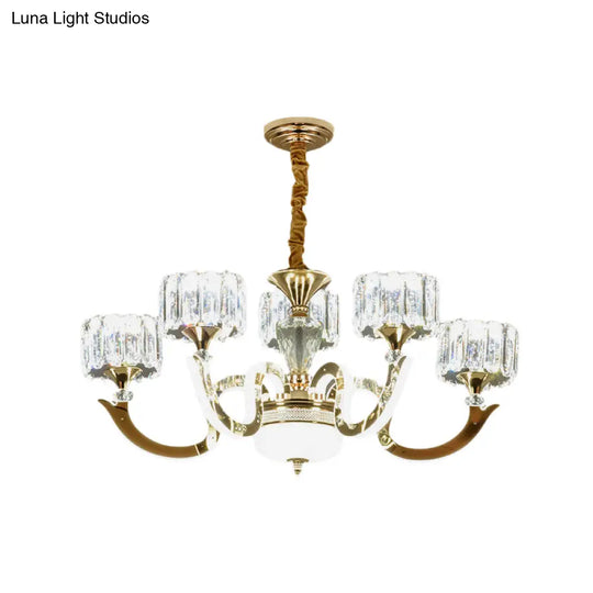 Modern Gold Drum Chandelier With Crystal Blocks - 3/5 Lights Led For Living Room