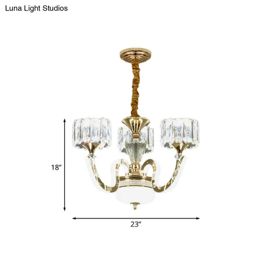 Modern Gold Drum Chandelier With Crystal Blocks - 3/5 Lights Led For Living Room