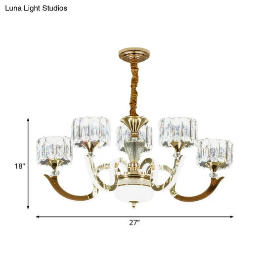 Modern Gold Drum Chandelier With Crystal Block Design - Led Ceiling Lamp For Living Room