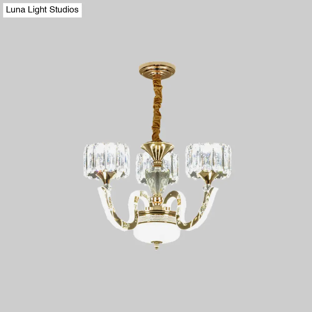 Modern Gold Drum Chandelier With Crystal Blocks - 3/5 Lights Led For Living Room