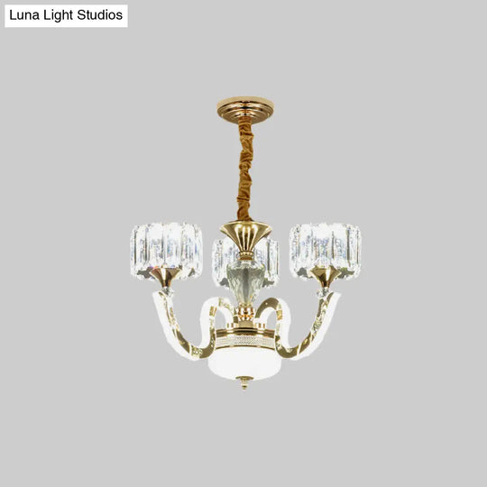 Modern Gold Drum Chandelier With Crystal Blocks - 3/5 Lights Led For Living Room