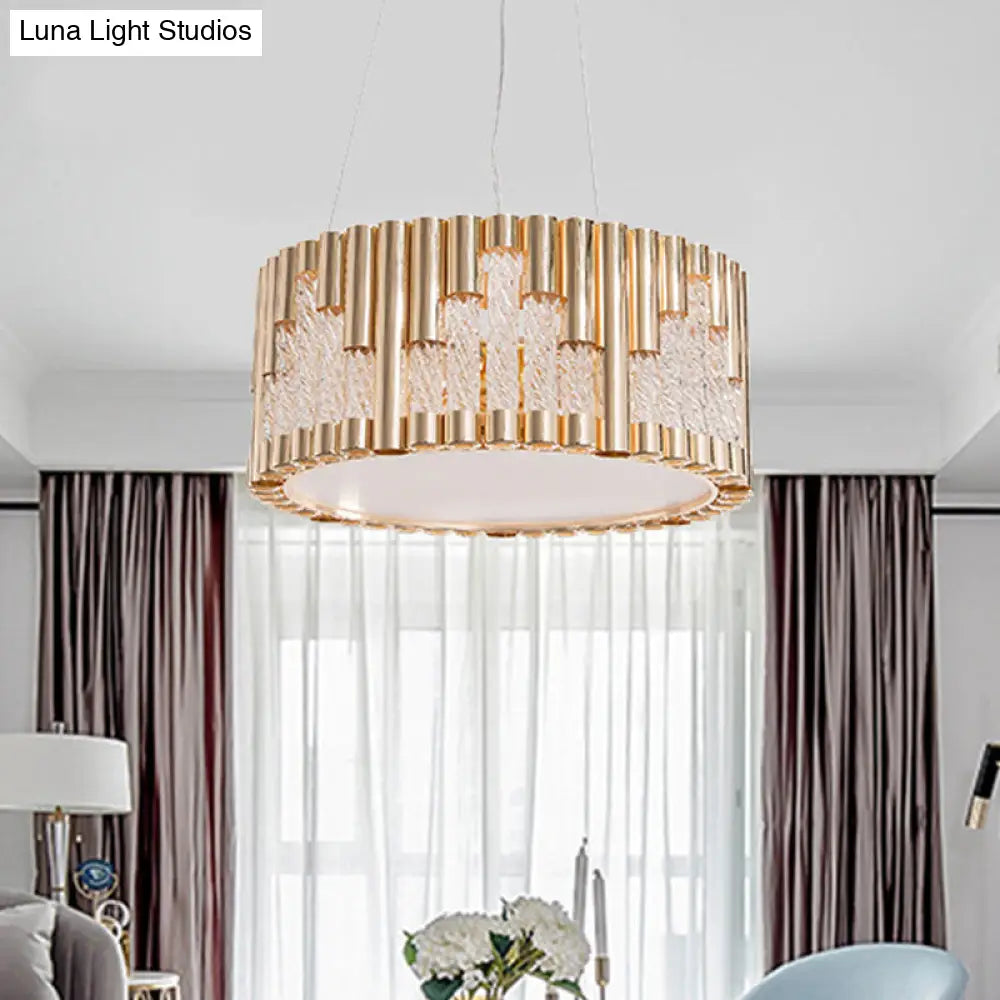 Modern 3-Light Gold Drum Pendant Chandelier For Living Room - Spiral Clear Glass Tube