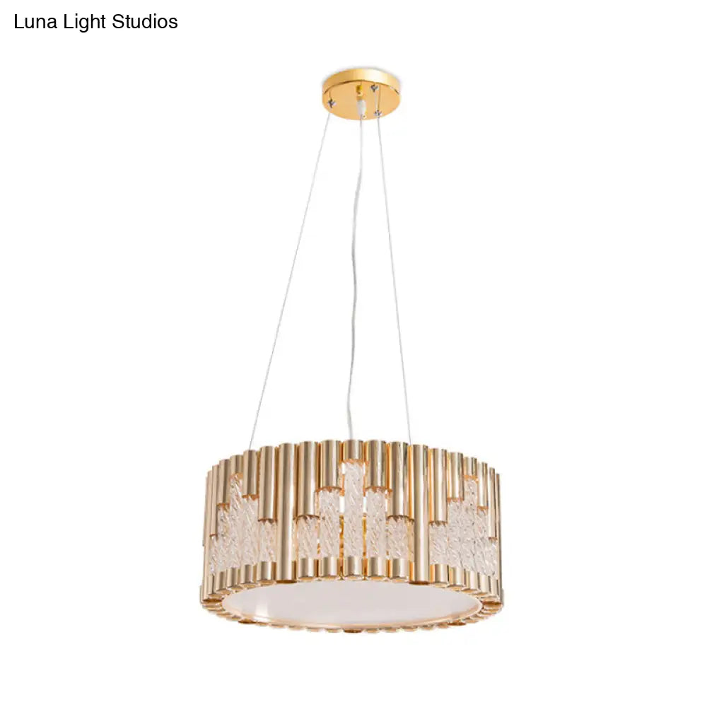 Modern 3-Light Gold Drum Pendant Chandelier For Living Room - Spiral Clear Glass Tube