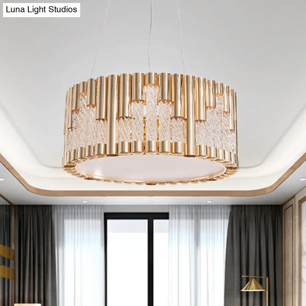 Modern Gold Drum Pendant Chandelier With Clear Glass Tube - 3 Lights Living Room Suspension Lamp