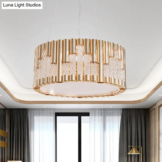 Modern Gold Drum Pendant Chandelier With Clear Glass Tube - 3 Lights Living Room Suspension Lamp