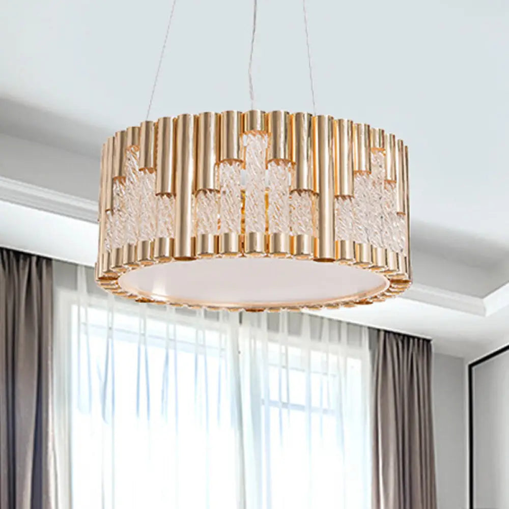 Modern Gold Drum Pendant Chandelier With Clear Glass Tube - 3 Lights Living Room Suspension Lamp