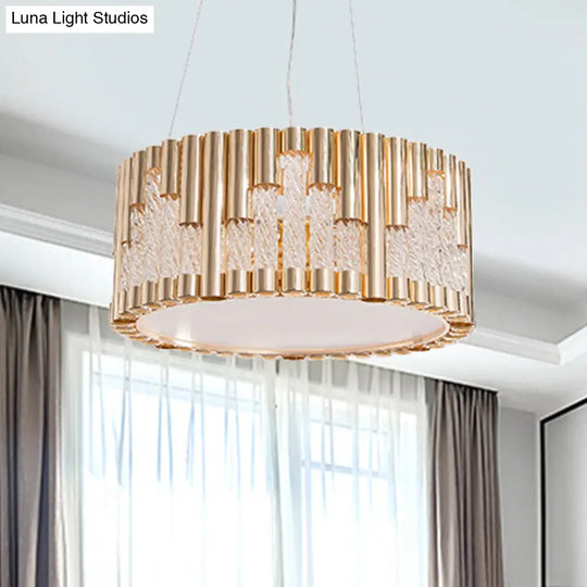 Modern 3-Light Gold Drum Pendant Chandelier For Living Room - Spiral Clear Glass Tube