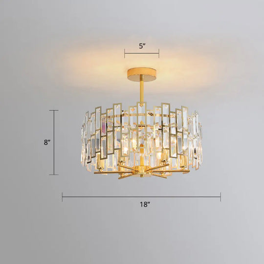 Modern Gold Drum Pendant Lamp With Crystal Rods - Tri-Sided Bedroom Chandelier Light / 18’’