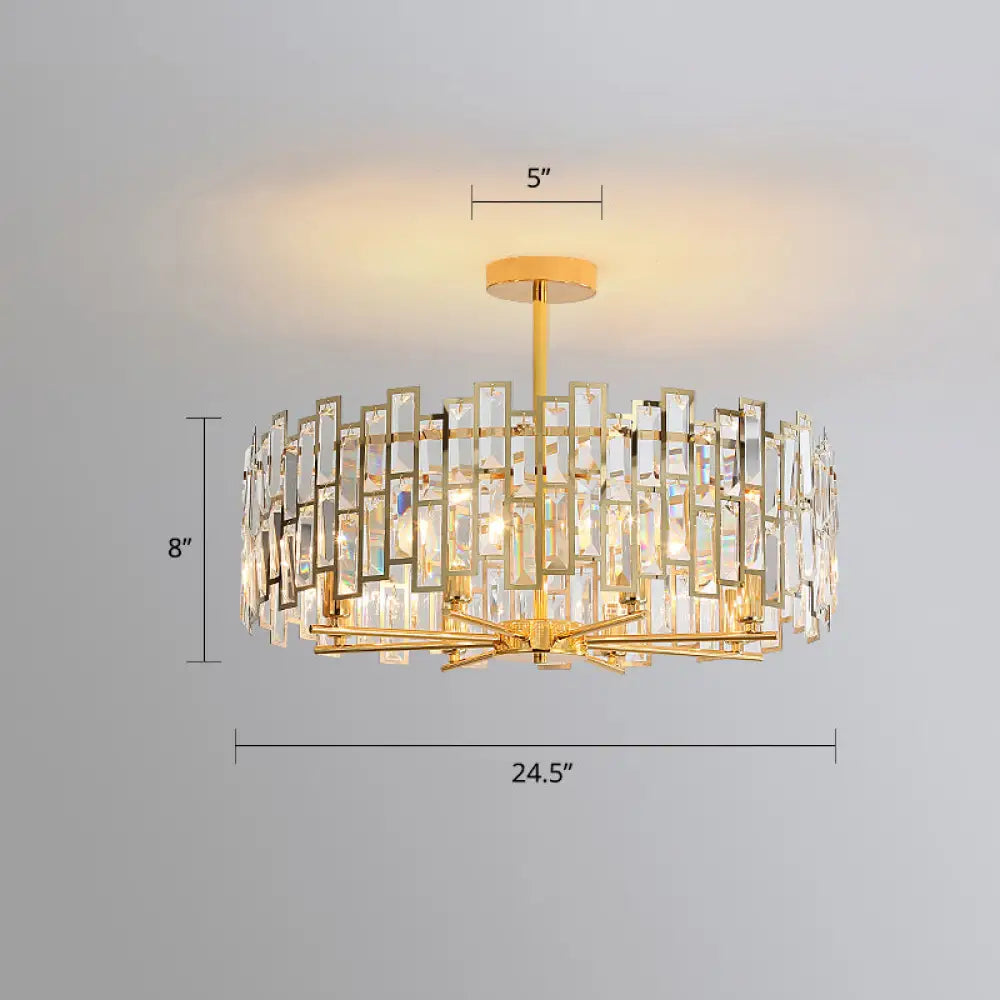 Modern Gold Drum Pendant Lamp With Crystal Rods - Tri-Sided Bedroom Chandelier Light / 24.5’’