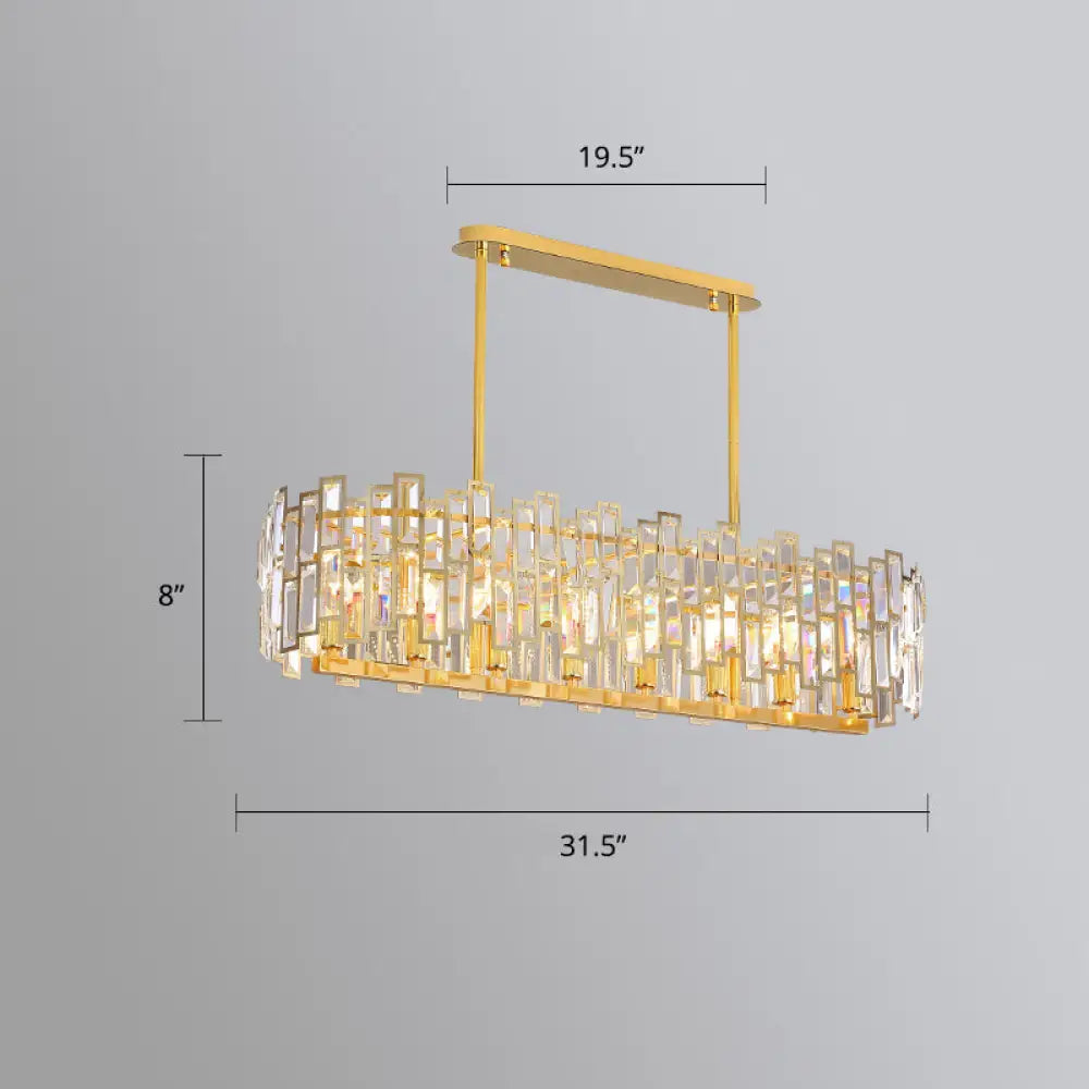 Modern Gold Drum Pendant Lamp With Crystal Rods - Tri-Sided Bedroom Chandelier Light / 31.5’’